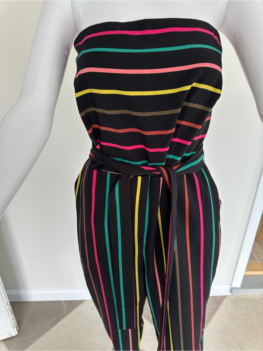 New York & Company Black Strapless Jumpsuit with Multicolor Stripes